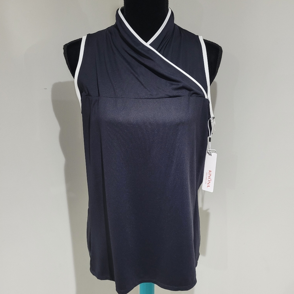 Kinona Women's UPF 50 Overlap Wrap Sleeveless Golf Top Black White Athletic NEW
